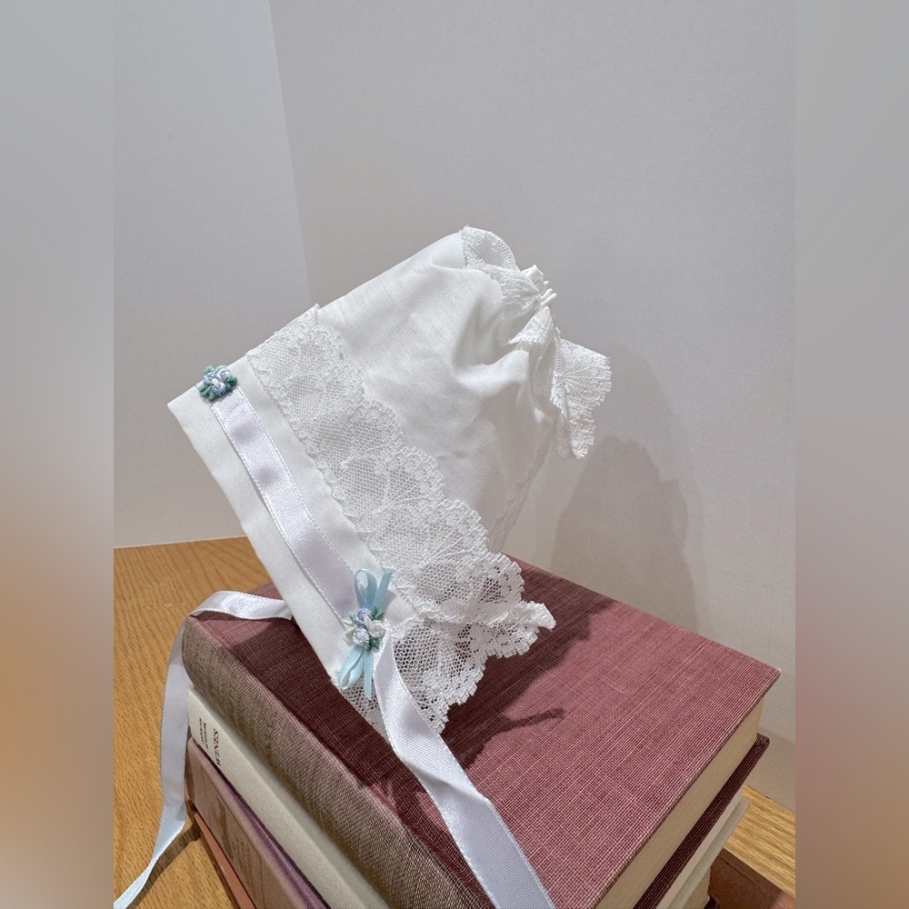 White Lace Baby Bonnet with Blue Accents